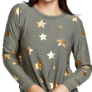 Chaser Anthropologie Top Long Sleeve Tee shirt Metallic Gold Star Army Green XS